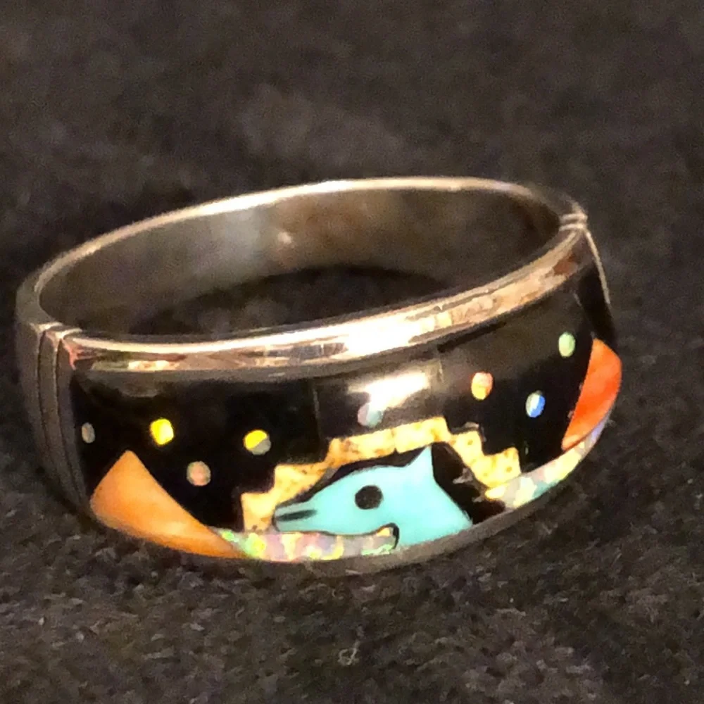 VINTAGE NATIVE AMERICAN RING Sterling Silver Opal Onyx MoonStone Tigers eye .NWT
